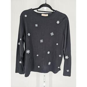 Bechamel Womens Sz L Long Sleeve T Shirt Black Snowflake Embroidered Cotton